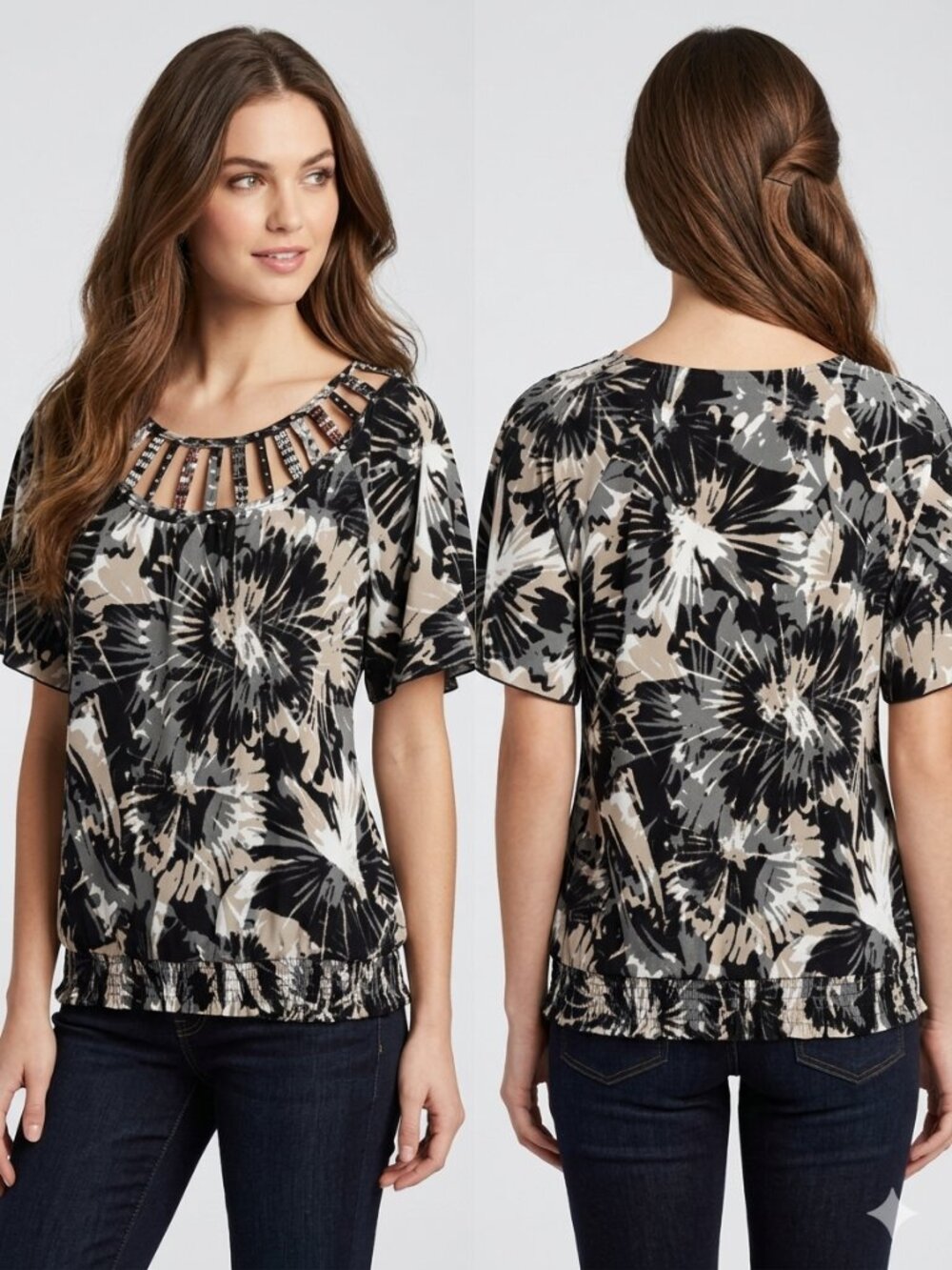 Alfani Blouse Size 14P Black Gray Floral Flutter Sleeve Studded Sequin Top
